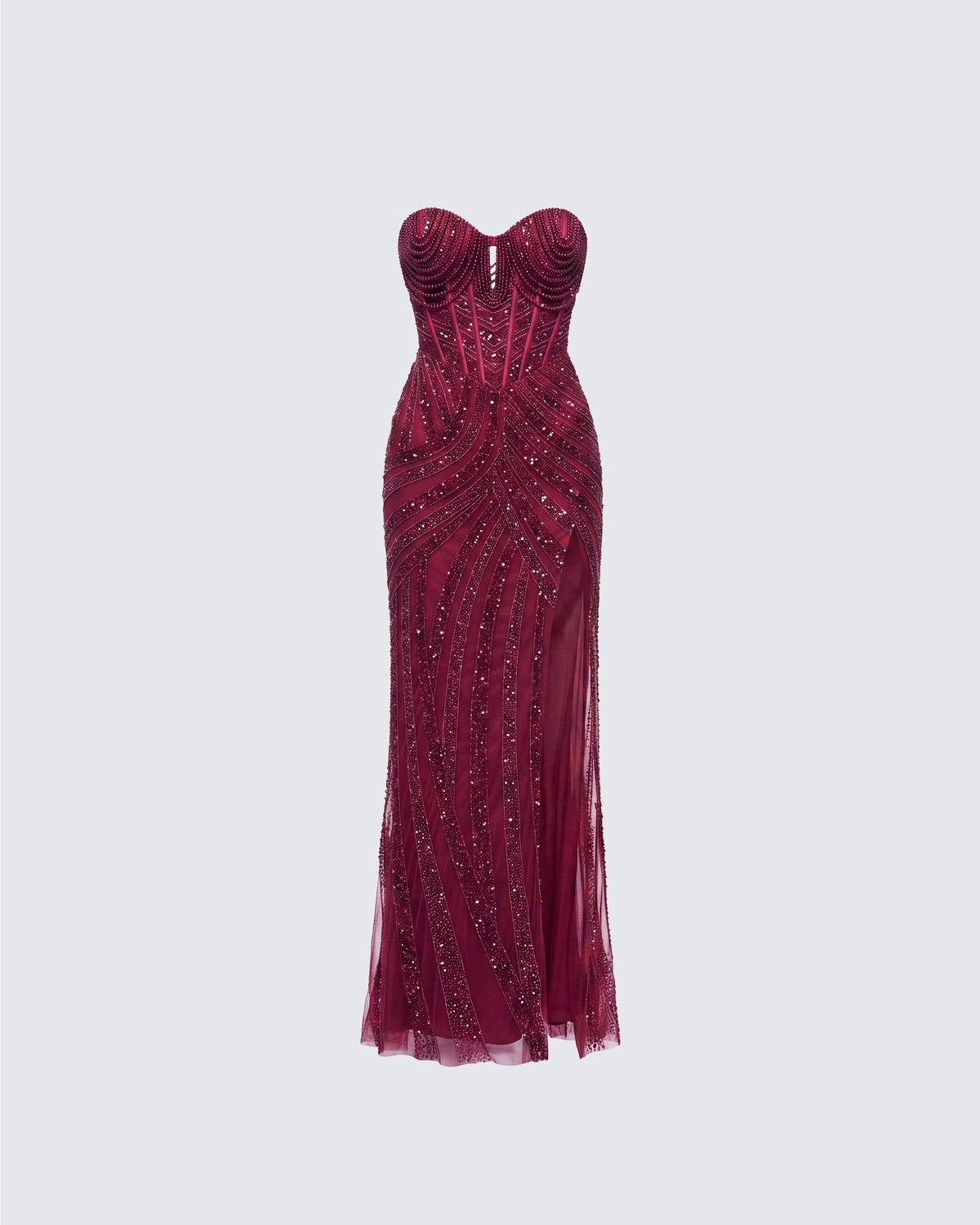 Vestido Longo Aila Bordô de Cetim Bordado