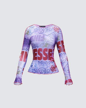 Blusa Cleodora Roxa de Tule Estampado
