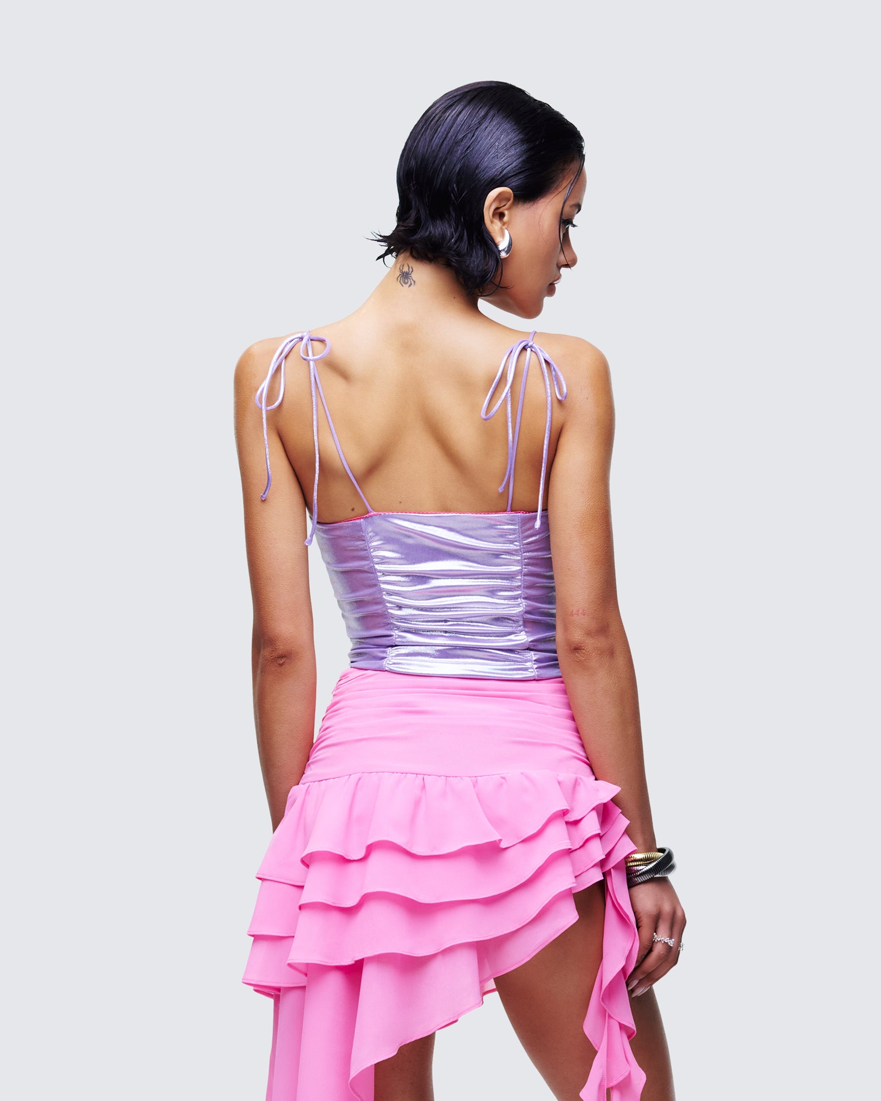 Top Tia Roxo Metalizado Franzido