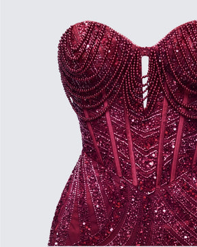 Vestido Longo Aila Bordô de Cetim Bordado