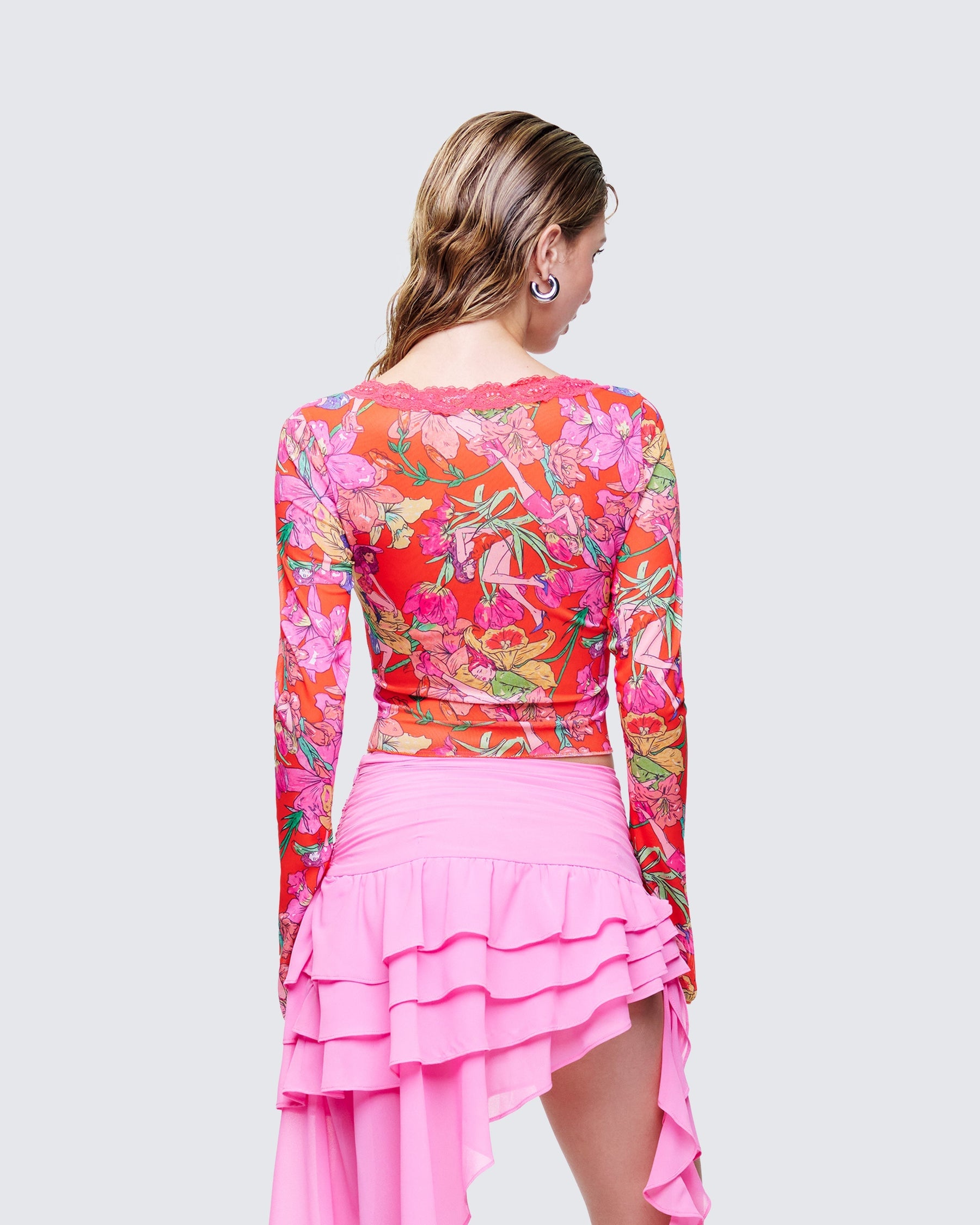 Blusa Aurelia Laranja de Tule Estampado