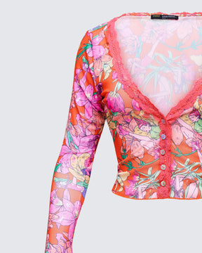 Blusa Aurelia Laranja de Tule Estampado