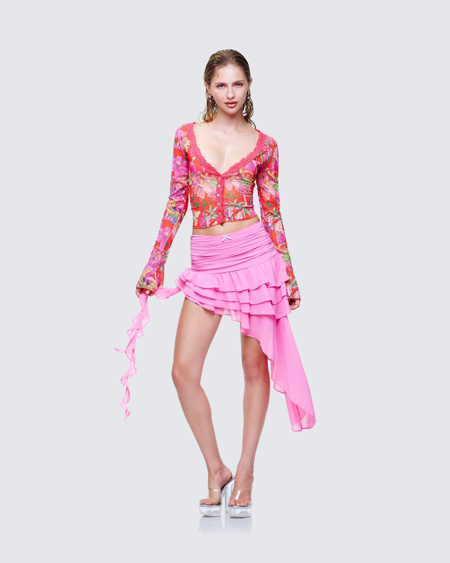 Blusa Aurelia Laranja de Tule Estampado