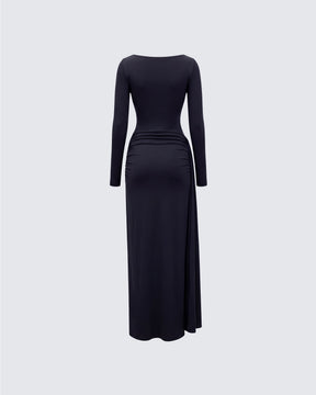 Vestido Longo Avi Preto de Malha Fluida com Torção
