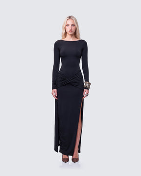 Vestido Longo Avi Preto de Malha Fluida com Torção