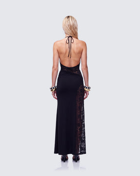Vestido Longo Brookes Preto de Renda e Crepe