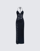 Vestido Longo Brookes Preto de Renda e Crepe