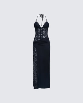 Vestido Longo Brookes Preto de Renda e Crepe