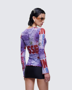 Blusa Cleodora Roxa de Tule Estampado