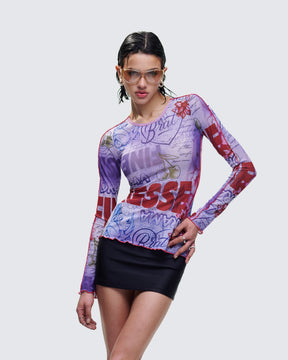 Blusa Cleodora Roxa de Tule Estampado