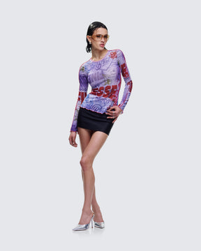 Blusa Cleodora Roxa de Tule Estampado
