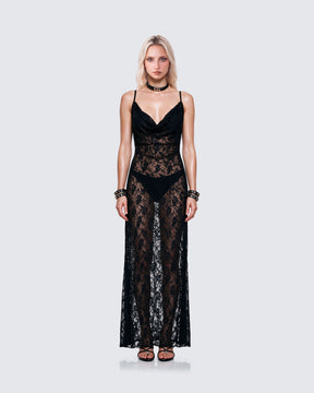 Vestido Longo Hazel Preto de Renda Gola Degagê