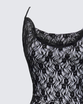 Vestido Longo Hazel Preto de Renda Gola Degagê