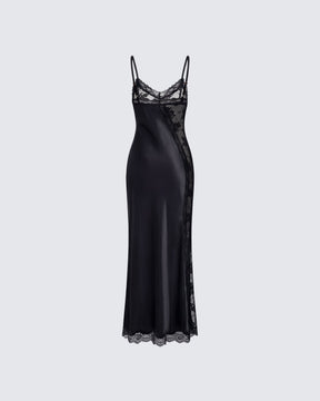 Vestido Longo June Preto de Renda e Cetim