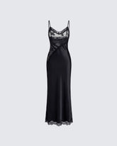 Vestido Longo June Preto de Renda e Cetim