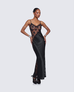 Vestido Longo June Preto de Renda e Cetim