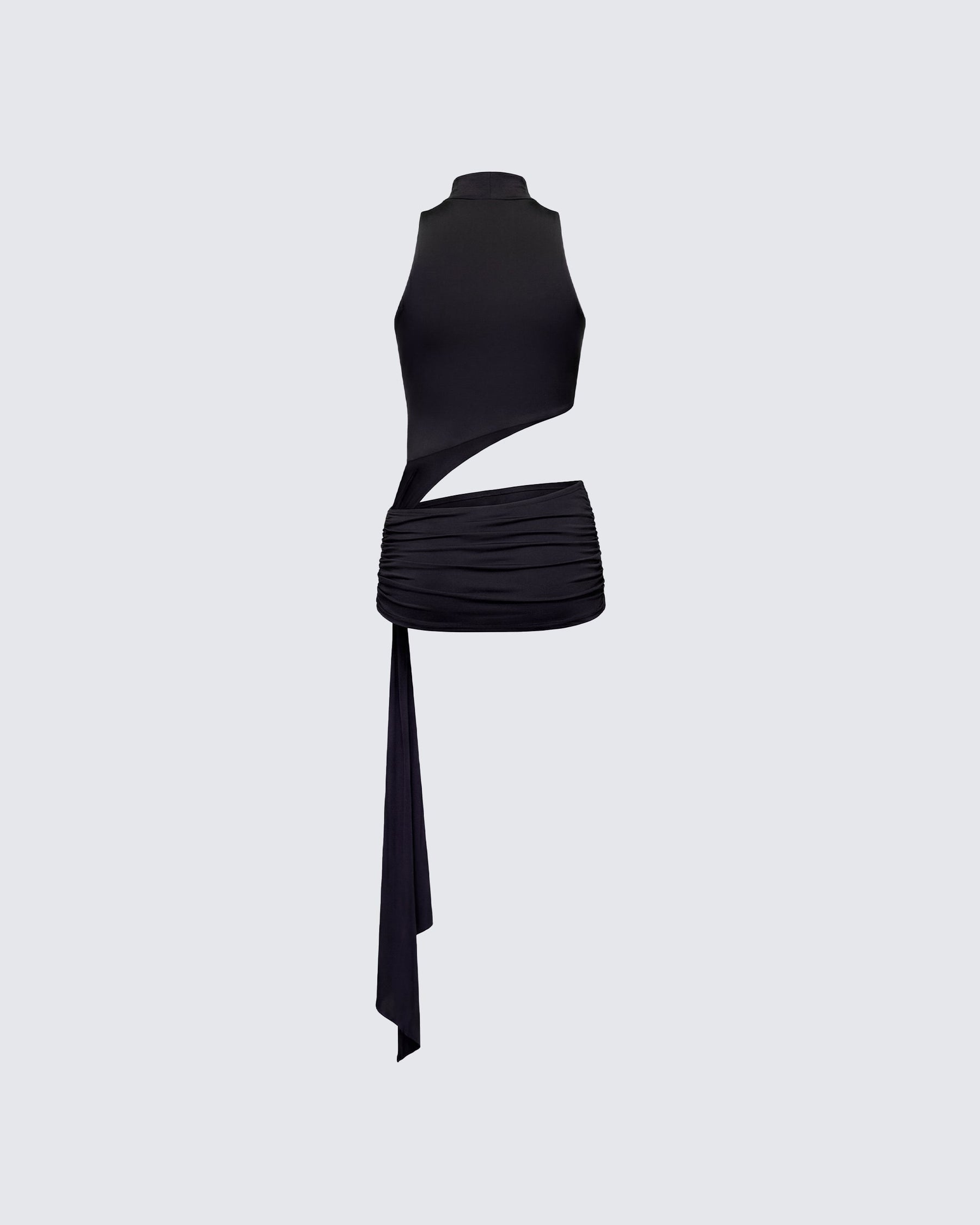 Vestido Curto Lisi Preto Gola Alta com Recorte