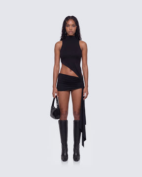 Vestido Curto Lisi Preto Gola Alta com Recorte