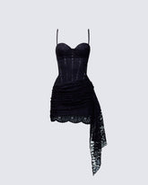 Vestido Curto Millicent Preto Corset de Renda Drapeado