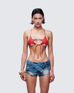 Top Reign Vermelho de Couro Ecológico com Estrelas
