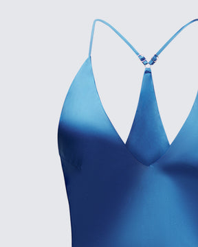 Vestido Longo Solvea Azul de Cetim com Decote Profundo