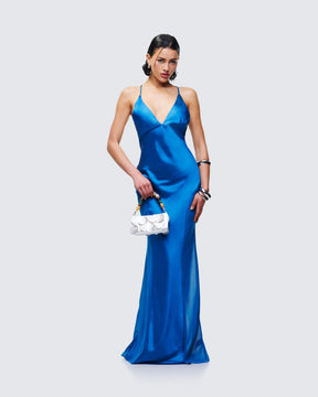 Vestido Longo Solvea Azul de Cetim com Decote Profundo