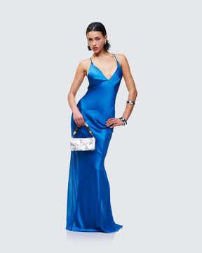Vestido Longo Solvea Azul de Cetim com Decote Profundo
