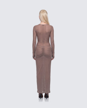 Vestido Longo Sera Marrom de Tule Transparente
